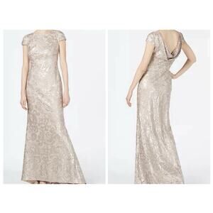 Calvin Klein Gown Dress Sequin Cap Sleeve Cowl Back Champagne Size 10